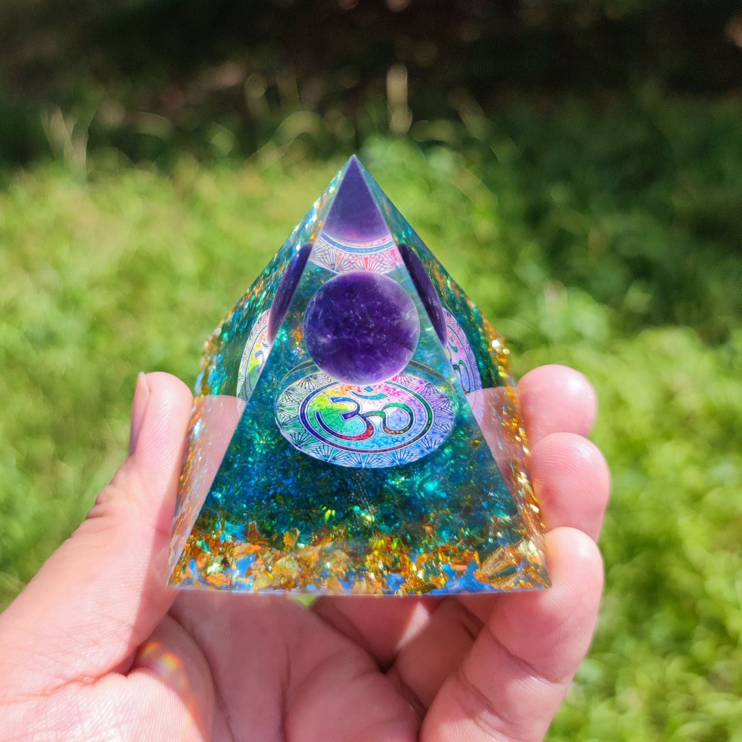 60mm Orgonite Pyramid Meditation Yoga Ohm Purple Crystal Sphere Natural Stone Orgone Energy Healing Reiki Chakra Multiplier - StarJam Gifts