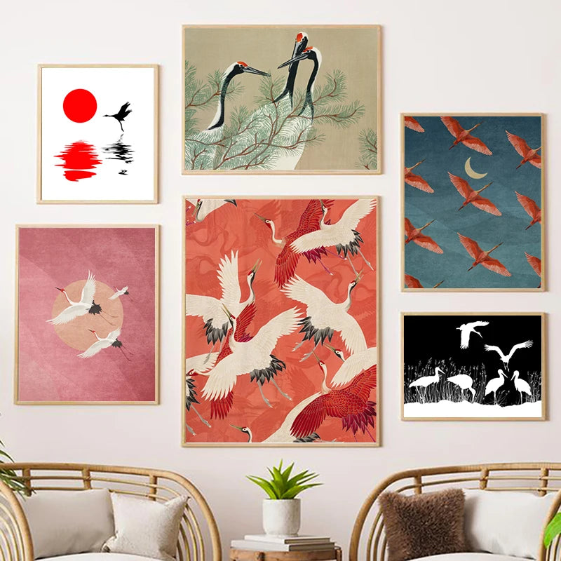 Red Crane Hokusai Eclectic Gallery Wall Art Prints Blue
