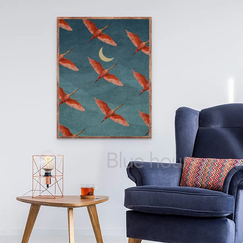 Red Crane Hokusai Eclectic Gallery Wall Art Prints Blue