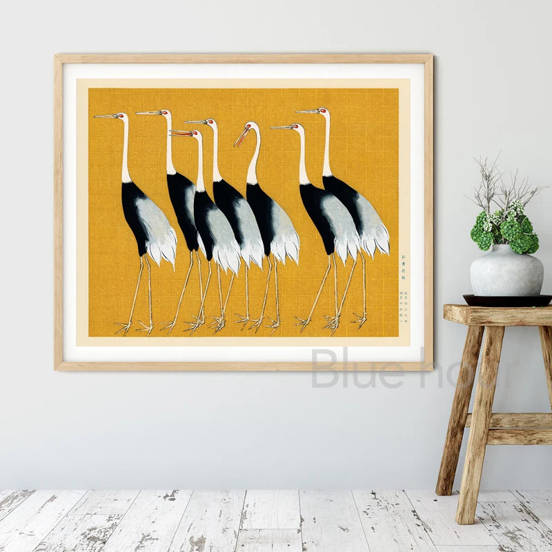 Red Crane Hokusai Eclectic Gallery Wall Art Prints Blue