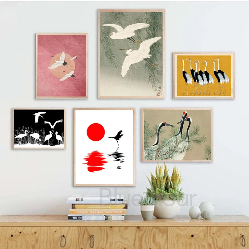 Red Crane Hokusai Eclectic Gallery Wall Art Prints Blue