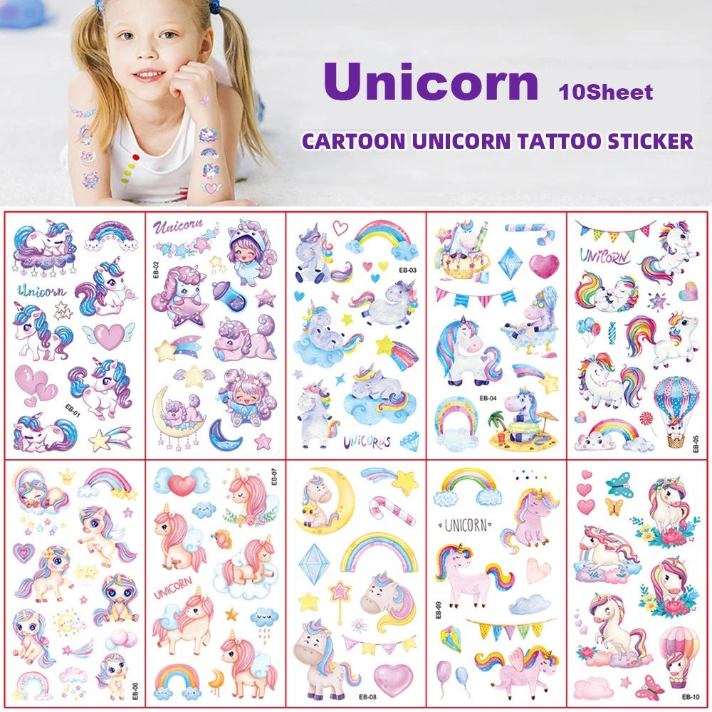 10pcs/set Child Tattoo Sticker Unicorn Princess Temporary Fake Kids Tatoo Girl Arm Hands Body Waterdichte Tatouages Pour Enfants - StarJam