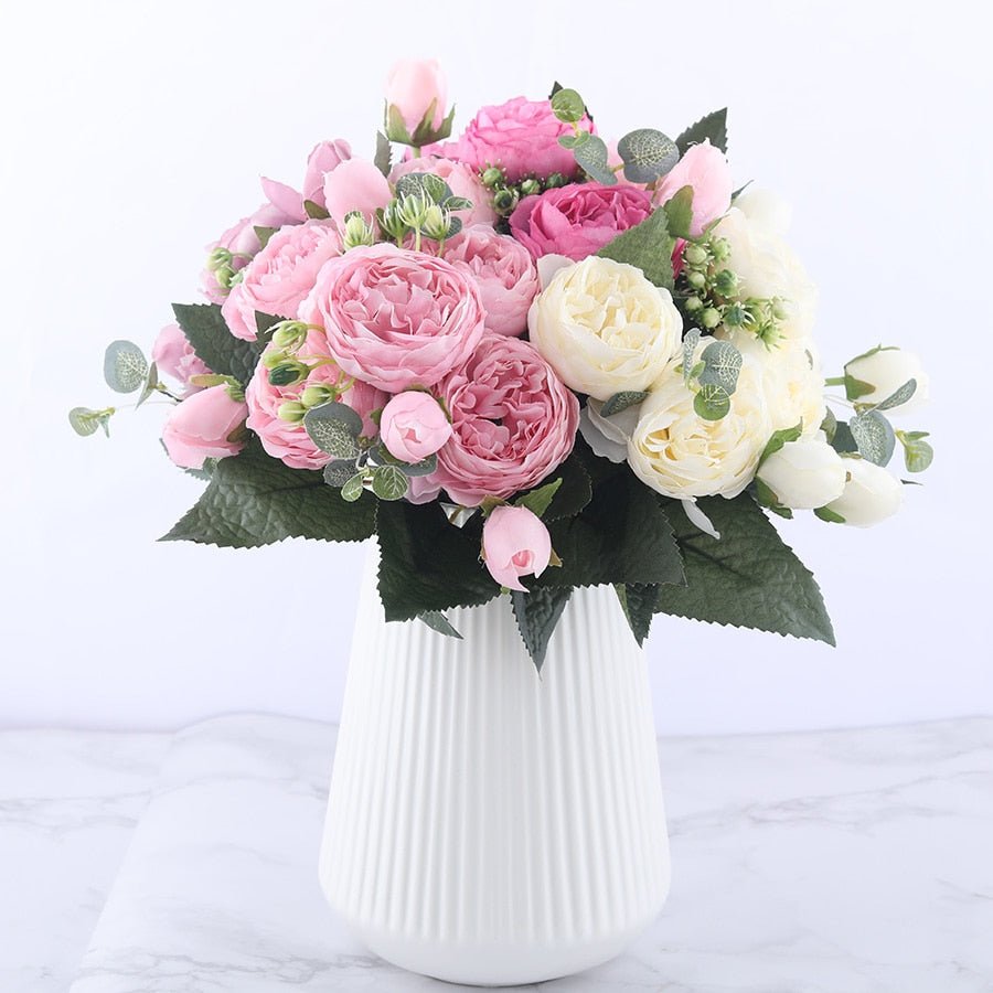 30cm Rose Pink Silk Peony Artificial Flowers Bouquet 5 Big Head And 4 Bud Flowers For Home Wedding Decoration Indoor - StarJam Gifts