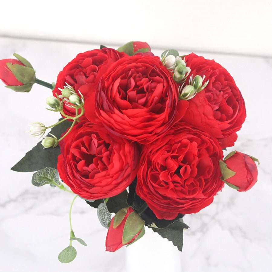 30cm Rose Pink Silk Peony Artificial Flowers Bouquet 5 Big Head And 4 Bud Flowers For Home Wedding Decoration Indoor - StarJam Gifts