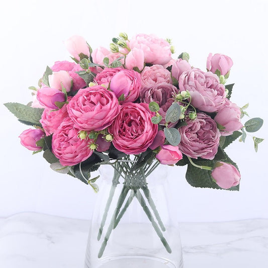 30cm Rose Pink Silk Peony Artificial Flowers Bouquet 5 Big Head And 4 Bud Flowers For Home Wedding Decoration Indoor - StarJam Gifts