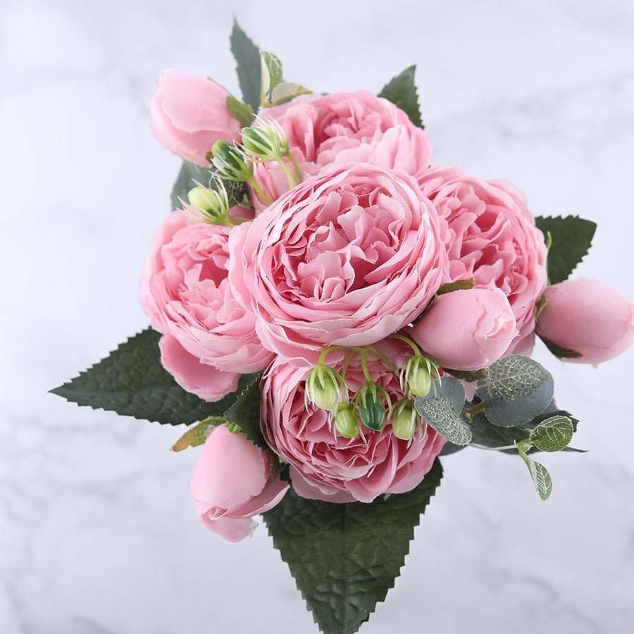 30cm Rose Pink Silk Peony Artificial Flowers Bouquet 5 Big Head And 4 Bud Flowers For Home Wedding Decoration Indoor - StarJam Gifts