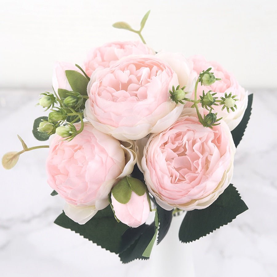 30cm Rose Pink Silk Peony Artificial Flowers Bouquet 5 Big Head And 4 Bud Flowers For Home Wedding Decoration Indoor - StarJam Gifts