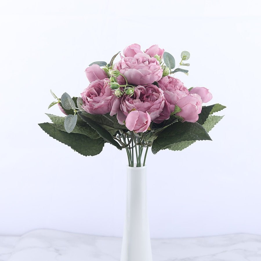 30cm Rose Pink Silk Peony Artificial Flowers Bouquet 5 Big Head And 4 Bud Flowers For Home Wedding Decoration Indoor - StarJam Gifts