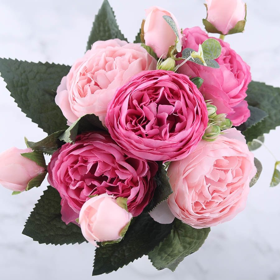 30cm Rose Pink Silk Peony Artificial Flowers Bouquet 5 Big Head And 4 Bud Flowers For Home Wedding Decoration Indoor - StarJam Gifts