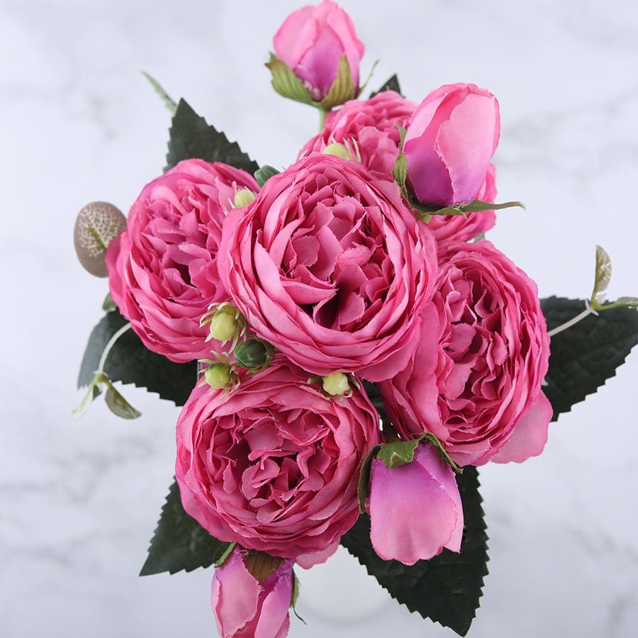 30cm Rose Pink Silk Peony Artificial Flowers Bouquet 5 Big Head And 4 Bud Flowers For Home Wedding Decoration Indoor - StarJam Gifts