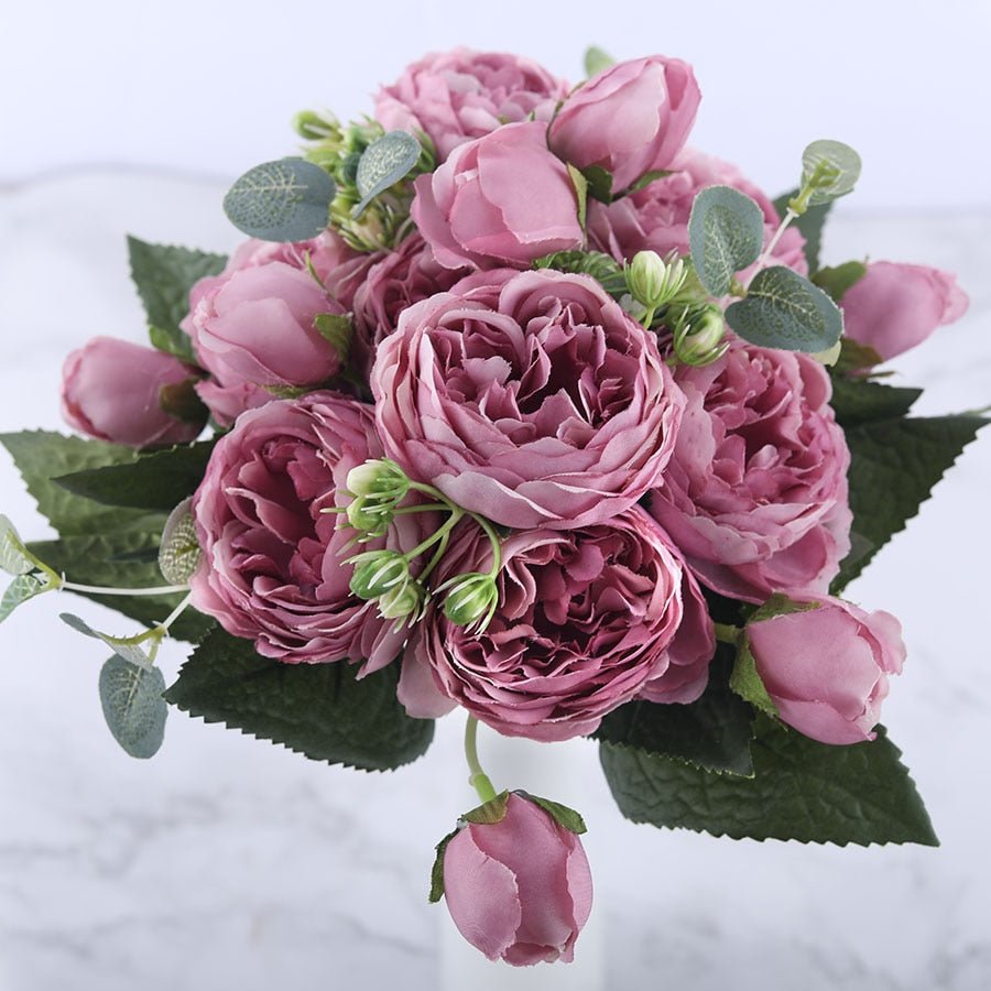 30cm Rose Pink Silk Peony Artificial Flowers Bouquet 5 Big Head And 4 Bud Flowers For Home Wedding Decoration Indoor - StarJam Gifts