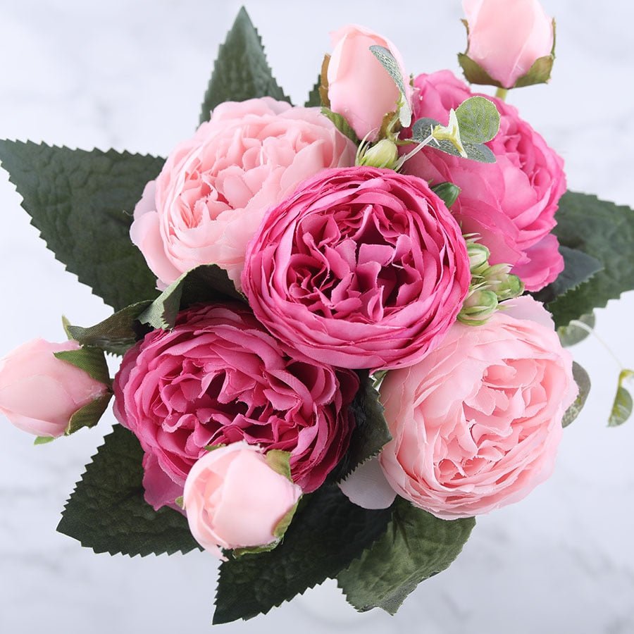 30cm Rose Pink Silk Peony Artificial Flowers Bouquet 5 Big Head And 4 Bud Flowers For Home Wedding Decoration Indoor - StarJam Gifts