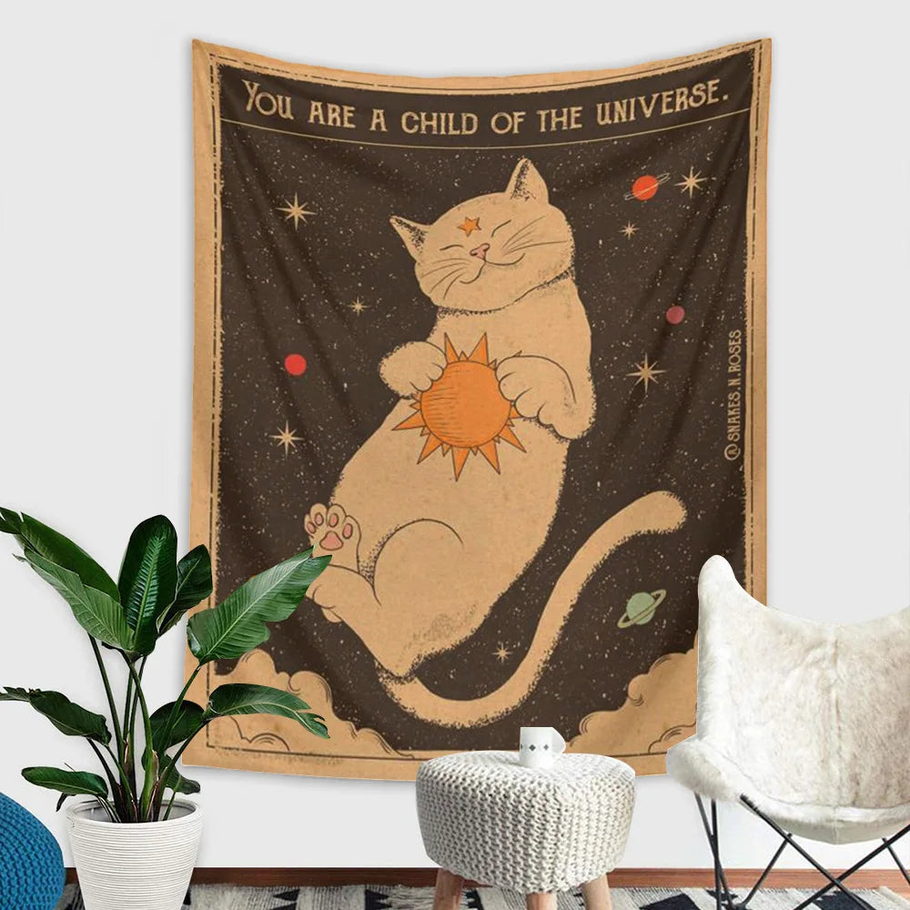 Sun Moon Tarot Tapestry Wall Hanging Boho Tarot Cat Kawaii