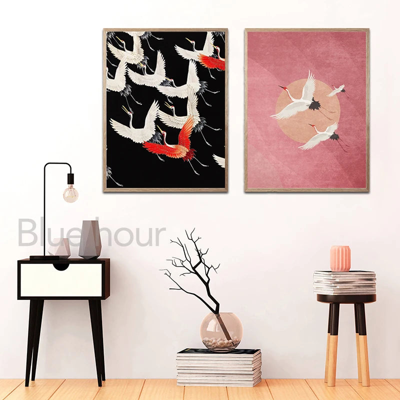 Red Crane Hokusai Eclectic Gallery Wall Art Prints Blue