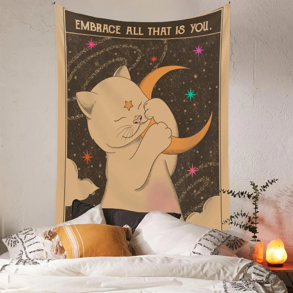 Sun Moon Tarot Tapestry Wall Hanging Boho Tarot Cat Kawaii