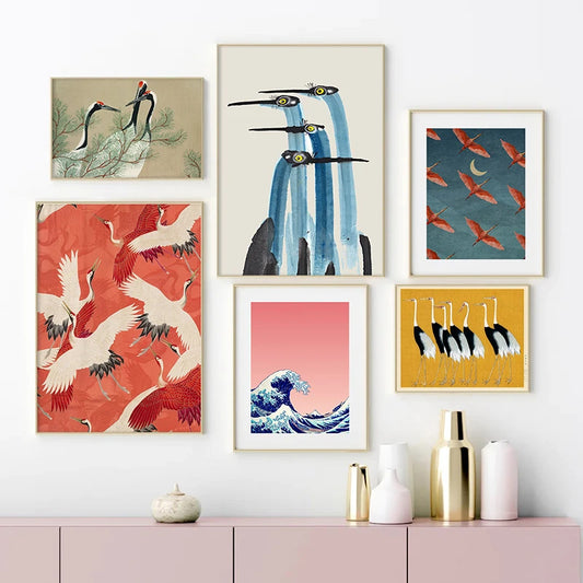 Red Crane Hokusai Eclectic Gallery Wall Art Prints Blue