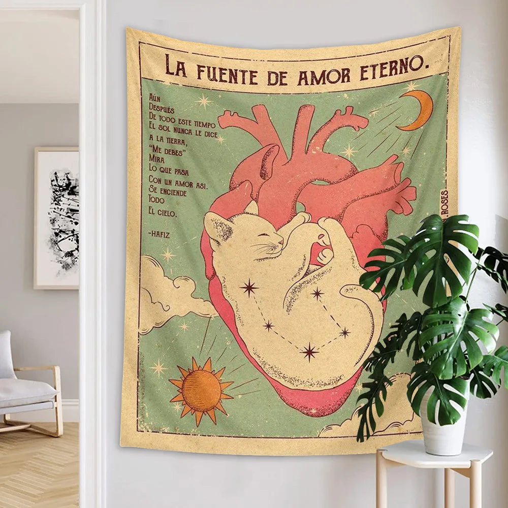 Sun Moon Tarot Tapestry Wall Hanging Boho Tarot Cat Kawaii