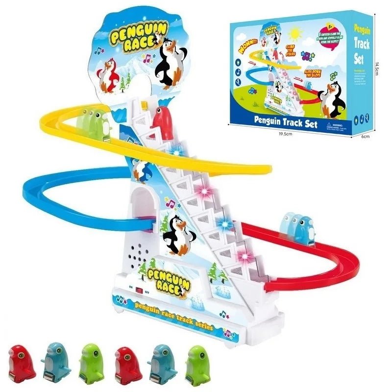 Penguin Track Toy Climb Stairs Children Kids Classic Cartoon Dogs Ducks Electrical Music Light Birthday Christmas New Year Gift - StarJam