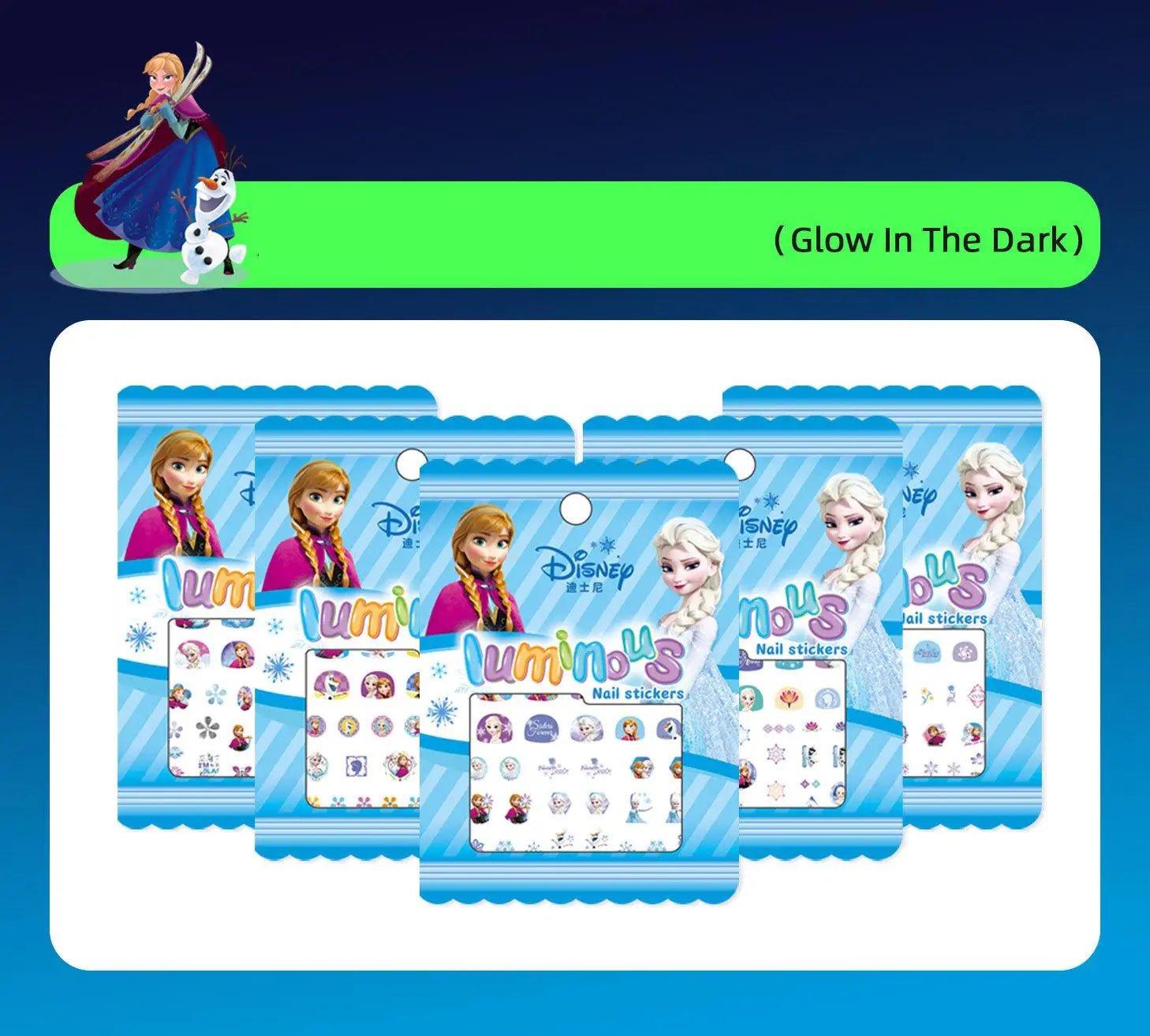 Random 1pcs Disney Luminous Night Cartoon Frozen Princess Pooh Bear Snow White Nail Stickers Minnie Mickey Stickers For Kid Gift - StarJam