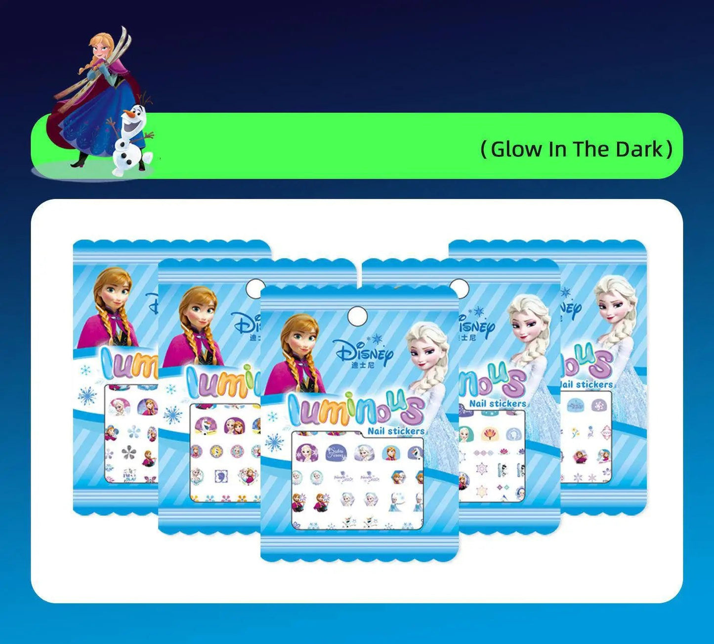 Random 1pcs Disney Luminous Night Cartoon Frozen Princess Pooh Bear Snow White Nail Stickers Minnie Mickey Stickers For Kid Gift - StarJam