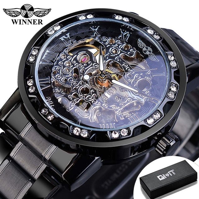 Winner Transparent Fashion Diamond Luminous Gear Movement Royal Design Men Top Brand Luxury Male Mechanical Skeleton Wrist Watch - StarJam Gifts