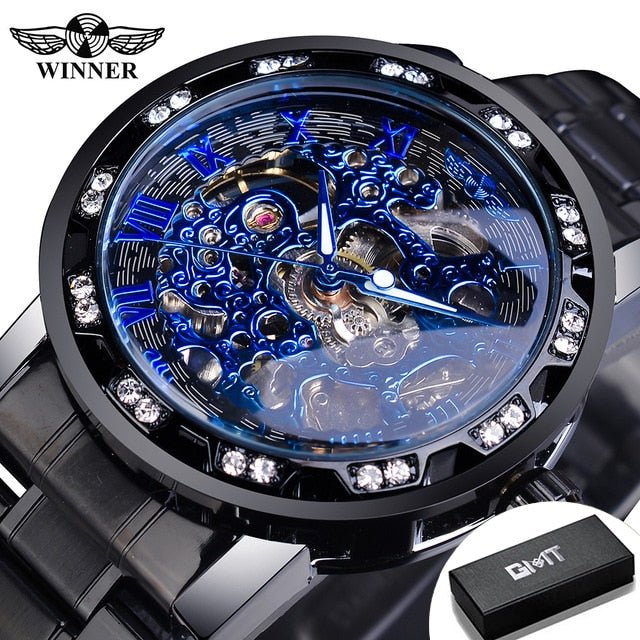 Winner Transparent Fashion Diamond Luminous Gear Movement Royal Design Men Top Brand Luxury Male Mechanical Skeleton Wrist Watch - StarJam Gifts