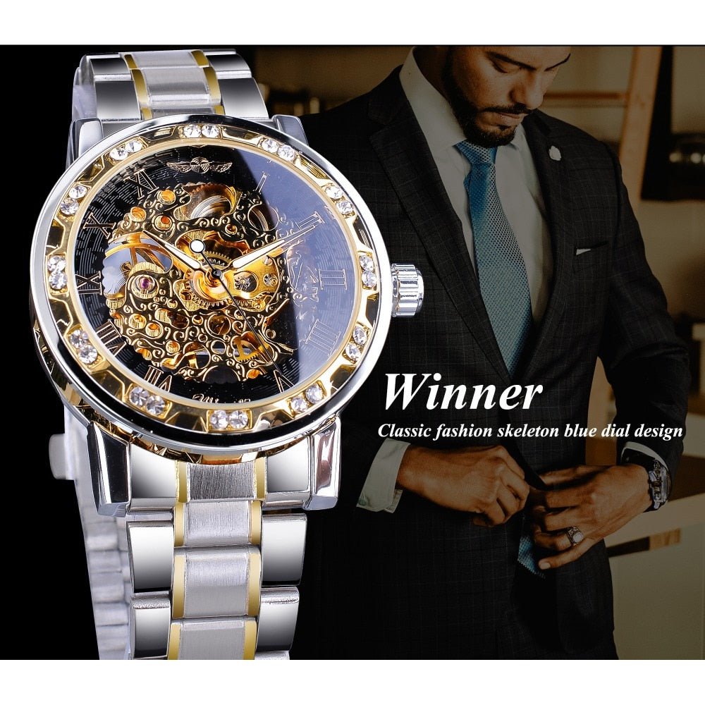 Winner Transparent Fashion Diamond Luminous Gear Movement Royal Design Men Top Brand Luxury Male Mechanical Skeleton Wrist Watch - StarJam Gifts