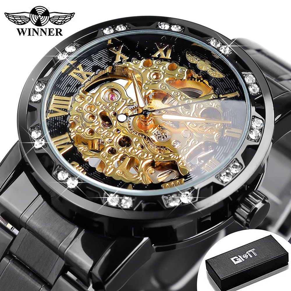 Winner Transparent Fashion Diamond Luminous Gear Movement Royal Design Men Top Brand Luxury Male Mechanical Skeleton Wrist Watch - StarJam Gifts