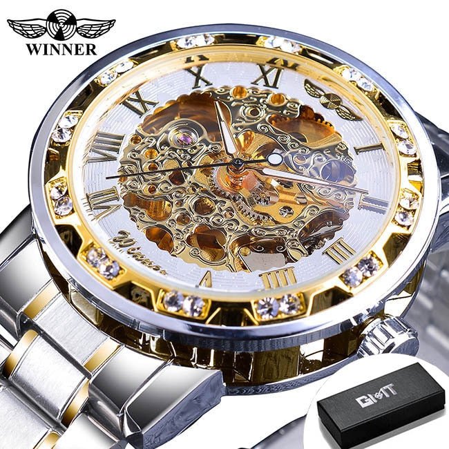 Winner Transparent Fashion Diamond Luminous Gear Movement Royal Design Men Top Brand Luxury Male Mechanical Skeleton Wrist Watch - StarJam Gifts