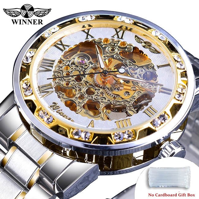 Winner Transparent Fashion Diamond Luminous Gear Movement Royal Design Men Top Brand Luxury Male Mechanical Skeleton Wrist Watch - StarJam Gifts