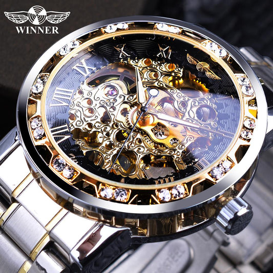 Winner Transparent Fashion Diamond Luminous Gear Movement Royal Design Men Top Brand Luxury Male Mechanical Skeleton Wrist Watch - StarJam Gifts