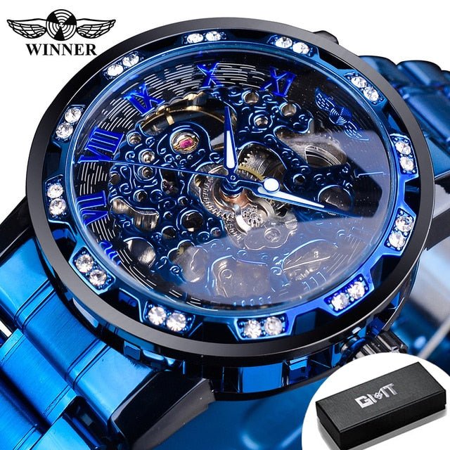 Winner Transparent Fashion Diamond Luminous Gear Movement Royal Design Men Top Brand Luxury Male Mechanical Skeleton Wrist Watch - StarJam Gifts