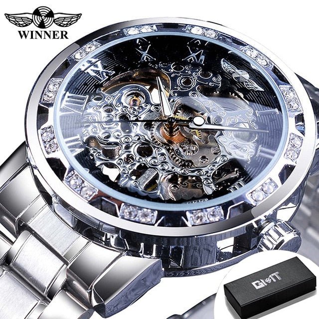 Winner Transparent Fashion Diamond Luminous Gear Movement Royal Design Men Top Brand Luxury Male Mechanical Skeleton Wrist Watch - StarJam Gifts