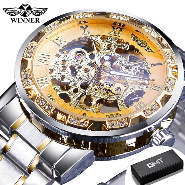 Winner Transparent Fashion Diamond Luminous Gear Movement Royal Design Men Top Brand Luxury Male Mechanical Skeleton Wrist Watch - StarJam Gifts