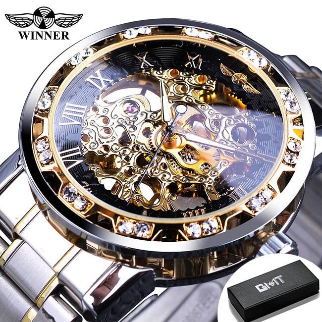 Winner Transparent Fashion Diamond Luminous Gear Movement Royal Design Men Top Brand Luxury Male Mechanical Skeleton Wrist Watch - StarJam Gifts