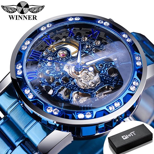 Winner Transparent Fashion Diamond Luminous Gear Movement Royal Design Men Top Brand Luxury Male Mechanical Skeleton Wrist Watch - StarJam Gifts