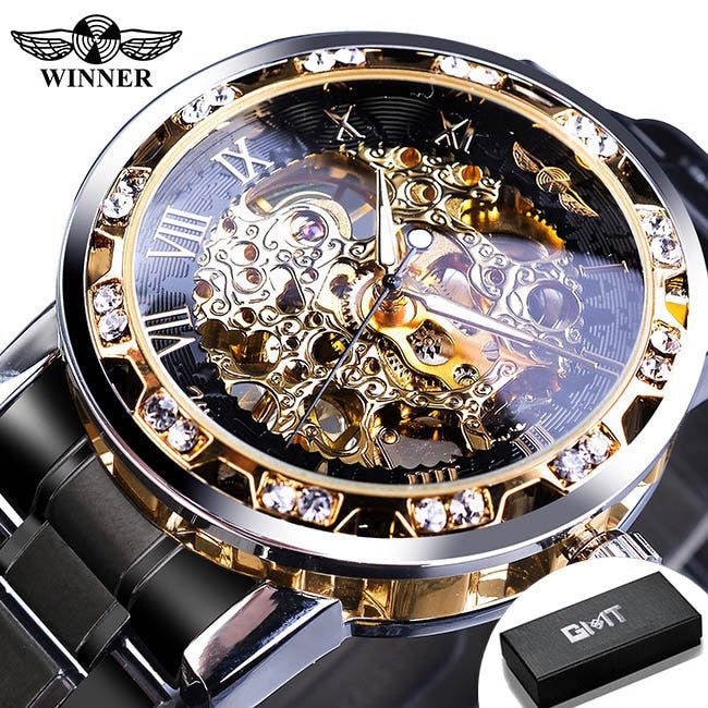 Winner Transparent Fashion Diamond Luminous Gear Movement Royal Design Men Top Brand Luxury Male Mechanical Skeleton Wrist Watch - StarJam Gifts