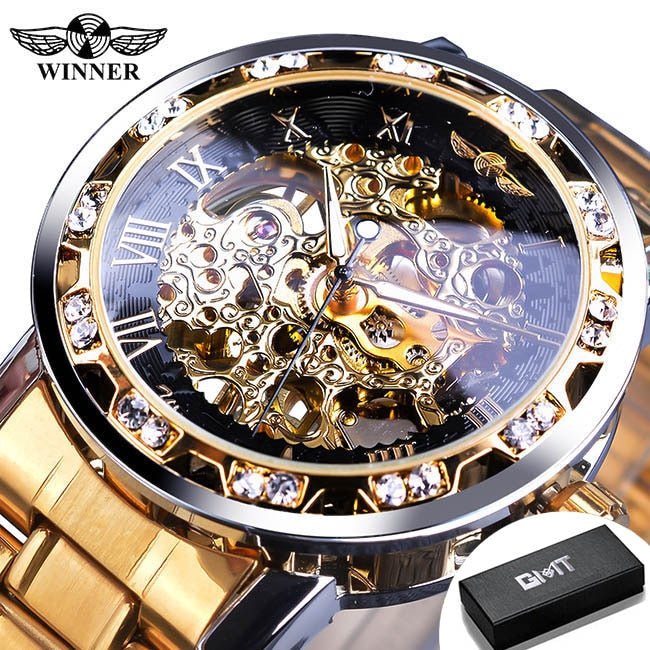 Winner Transparent Fashion Diamond Luminous Gear Movement Royal Design Men Top Brand Luxury Male Mechanical Skeleton Wrist Watch - StarJam Gifts