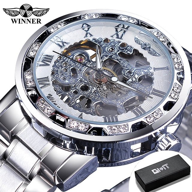 Winner Transparent Fashion Diamond Luminous Gear Movement Royal Design Men Top Brand Luxury Male Mechanical Skeleton Wrist Watch - StarJam Gifts